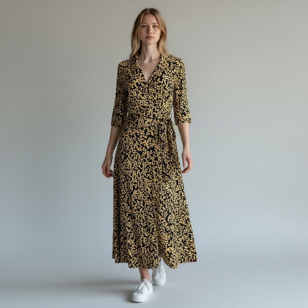 GANNI Wrap Midi Dress Size 38 Black Yellow Floral Abstract Print Viscose Denmark